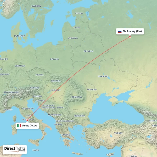Zhukovsky - Rome direct flight map