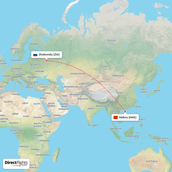 Zhukovsky - Haikou direct flight map