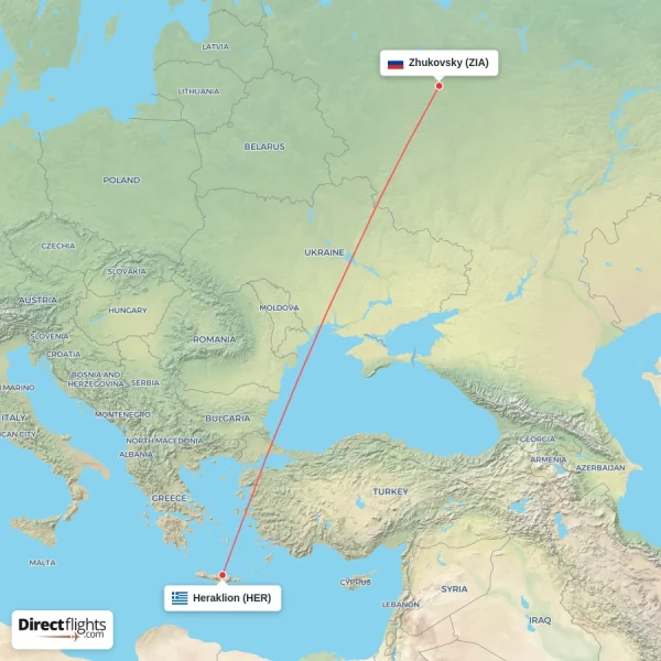 Zhukovsky - Heraklion direct flight map