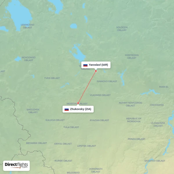 Zhukovsky - Yaroslavl direct flight map