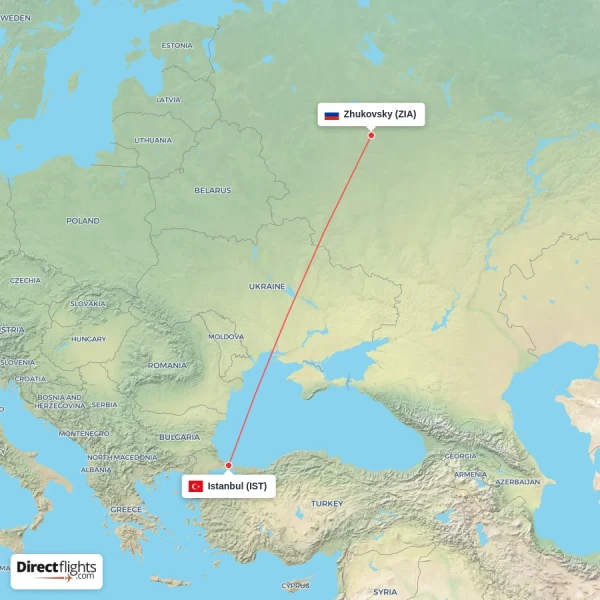 Zhukovsky - Istanbul direct flight map