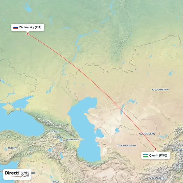 Zhukovsky - Qarshi direct flight map