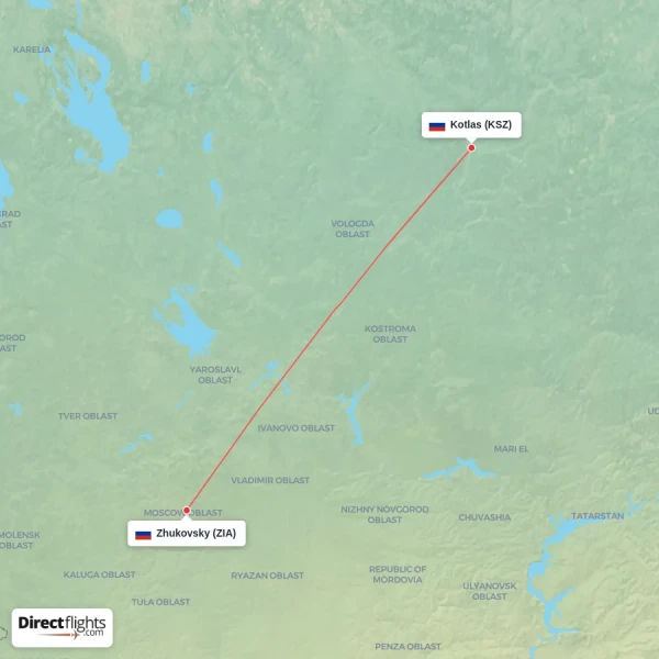 Zhukovsky - Kotlas direct flight map