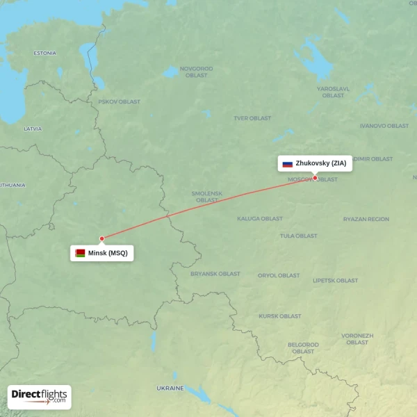 Zhukovsky - Minsk direct flight map