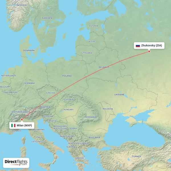 Zhukovsky - Milan direct flight map