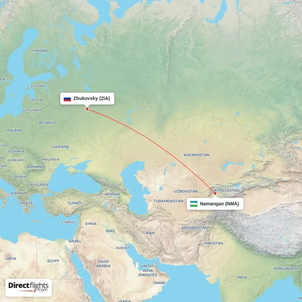 Zhukovsky - Namangan direct flight map