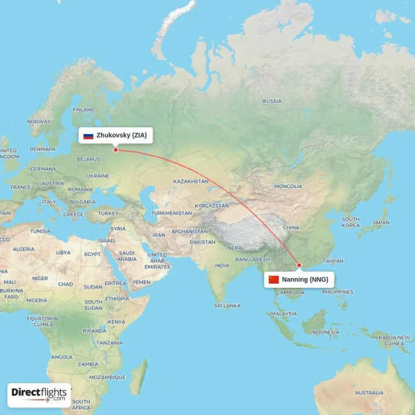 Zhukovsky - Nanning direct flight map