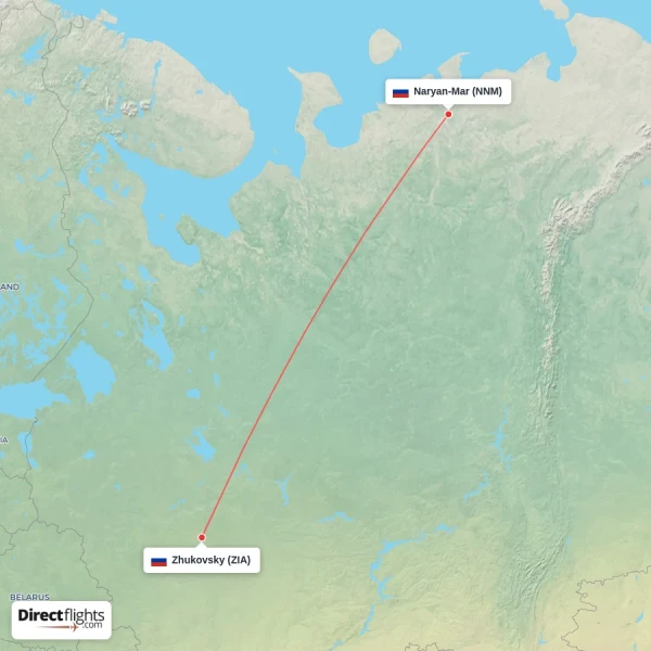 Zhukovsky - Naryan-Mar direct flight map