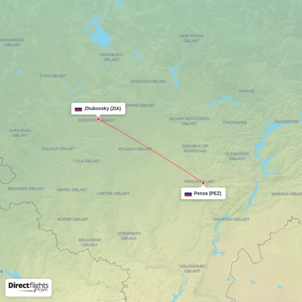 Zhukovsky - Penza direct flight map