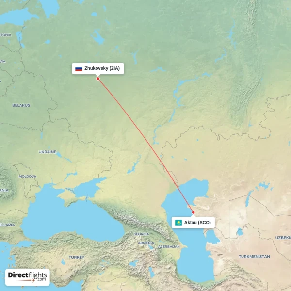 Zhukovsky - Aktau direct flight map