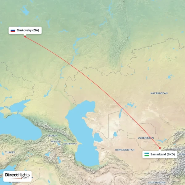 Zhukovsky - Samarkand direct flight map