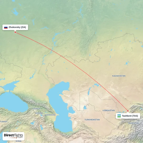 Zhukovsky - Tashkent direct flight map