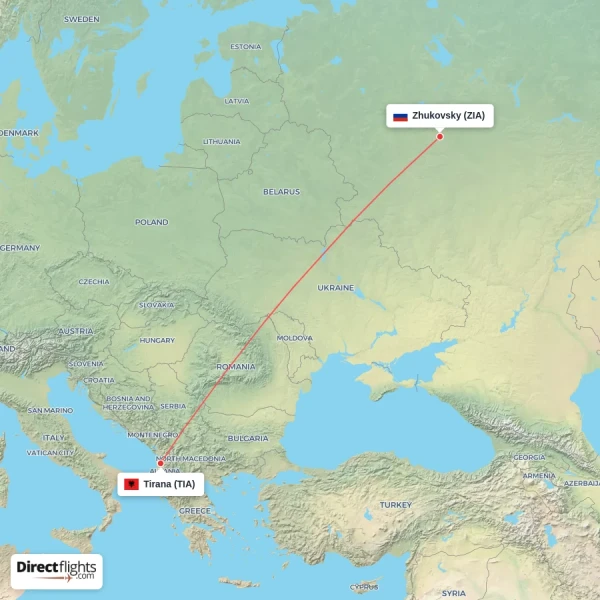 Zhukovsky - Tirana direct flight map