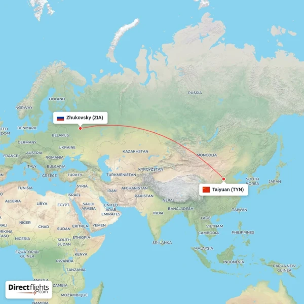 Zhukovsky - Taiyuan direct flight map