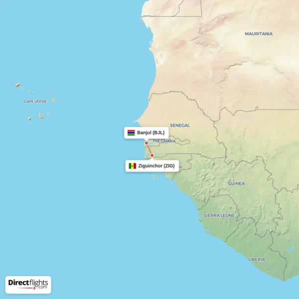 Ziguinchor - Banjul direct flight map