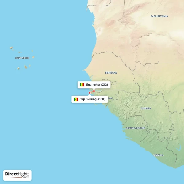 Ziguinchor - Cap Skirring direct flight map