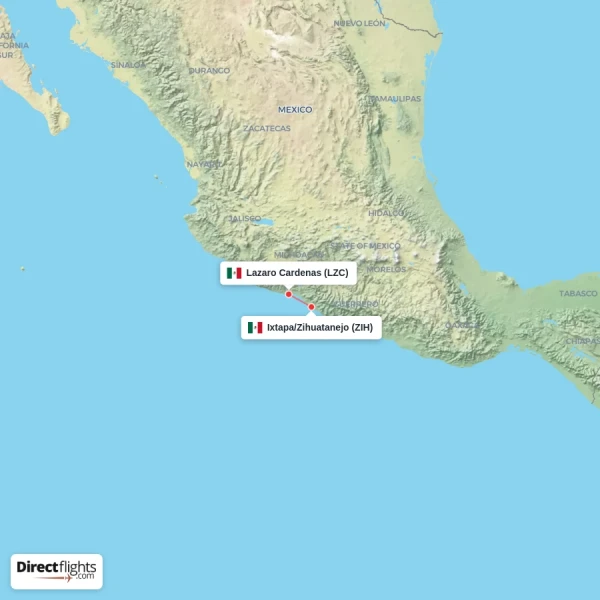 Ixtapa/Zihuatanejo - Lazaro Cardenas direct flight map