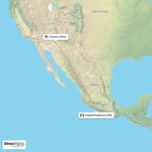 Ixtapa/Zihuatanejo - Phoenix direct flight map