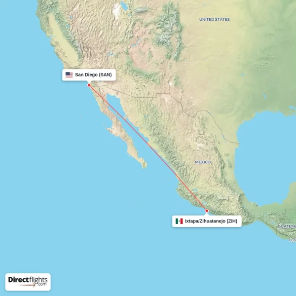 Ixtapa/Zihuatanejo - San Diego direct flight map
