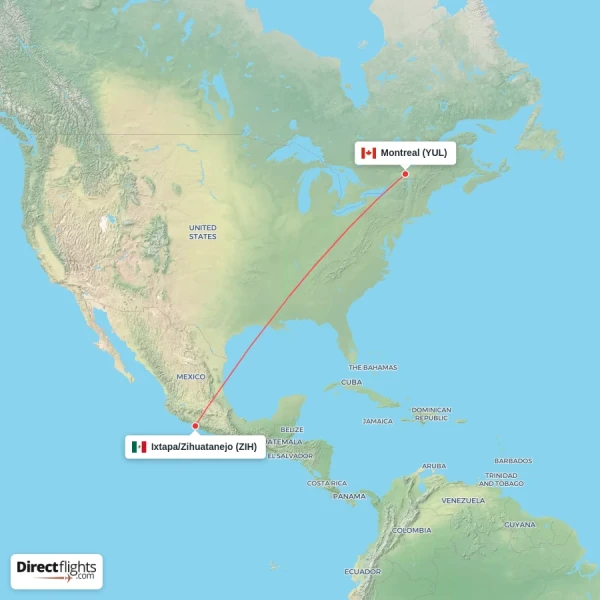 Ixtapa/Zihuatanejo - Montreal direct flight map