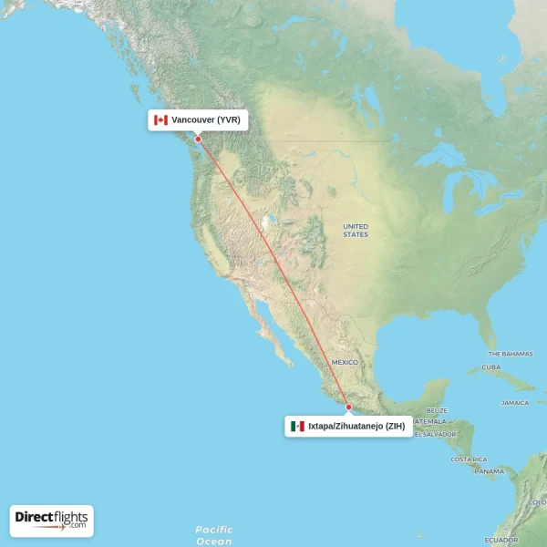 Ixtapa/Zihuatanejo - Vancouver direct flight map