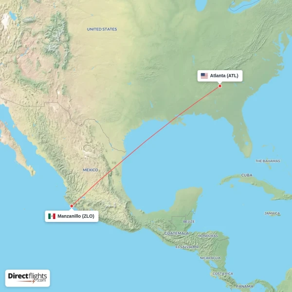Manzanillo - Atlanta direct flight map