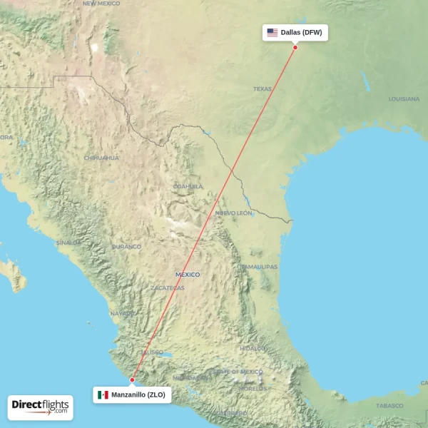 Manzanillo - Dallas direct flight map