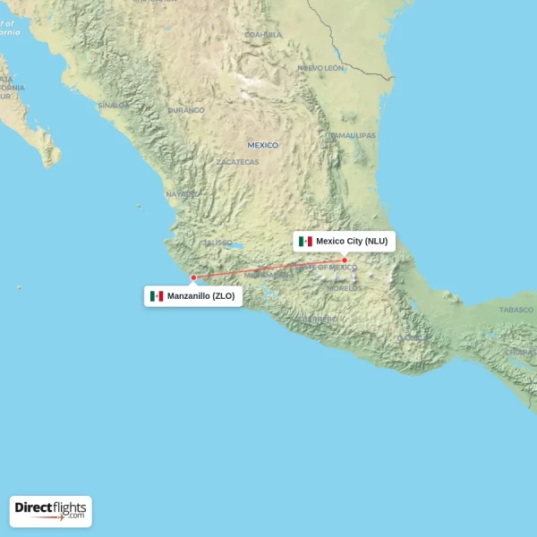 Manzanillo - Mexico City direct flight map