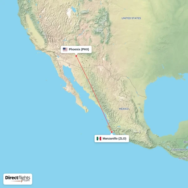 Manzanillo - Phoenix direct flight map