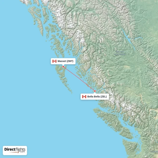 Masset - Bella Bella direct flight map
