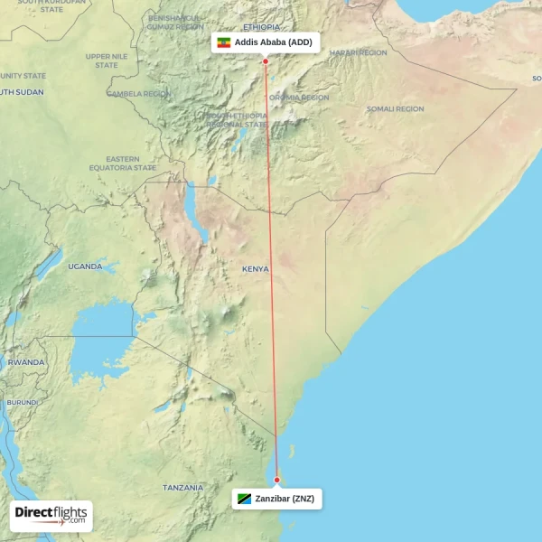 Zanzibar - Addis Ababa direct flight map
