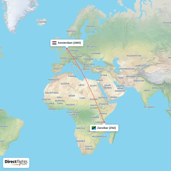 Zanzibar - Amsterdam direct flight map