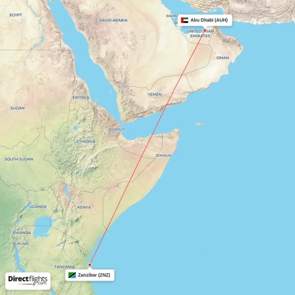 Zanzibar - Abu Dhabi direct flight map