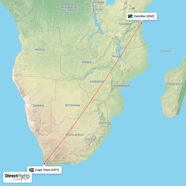 Zanzibar - Cape Town direct flight map
