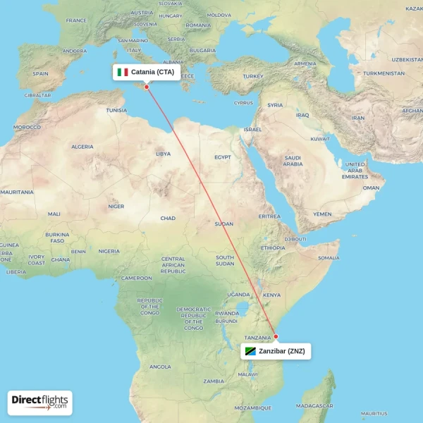 Zanzibar - Catania direct flight map