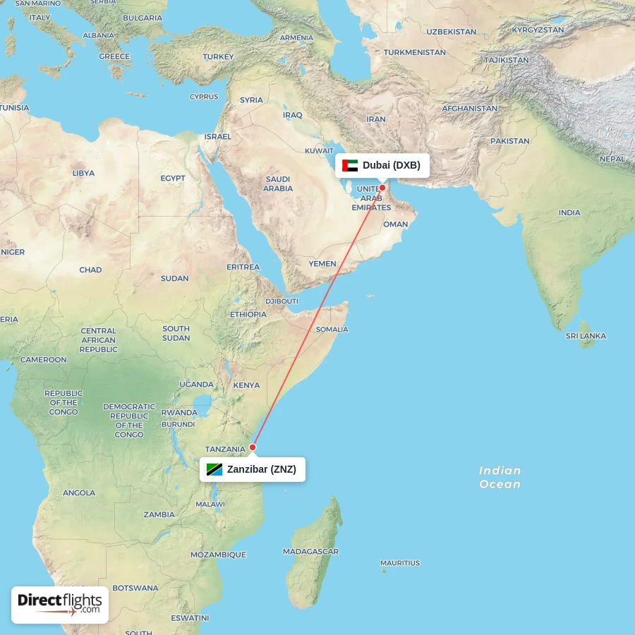 ZNZ - DXB route map