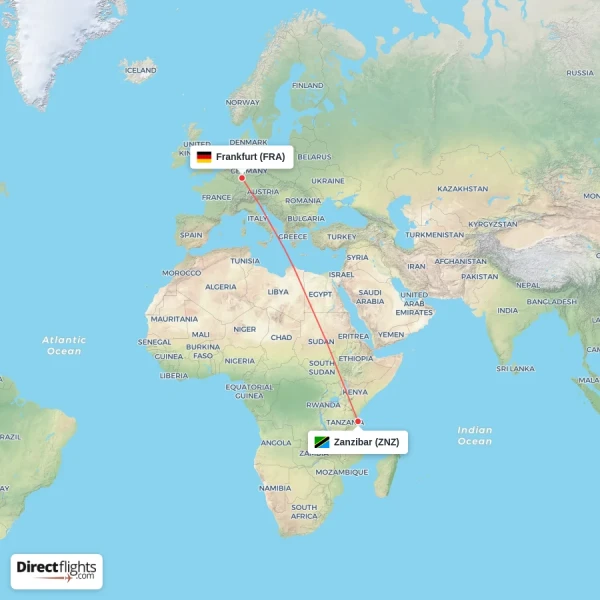 Zanzibar - Frankfurt direct flight map