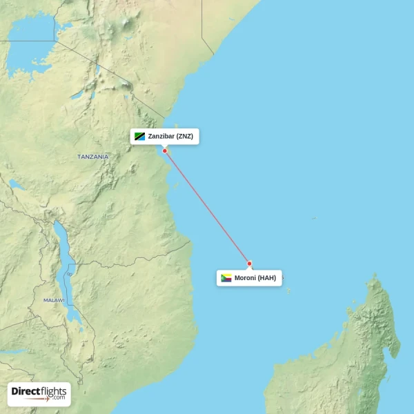 Zanzibar - Moroni direct flight map