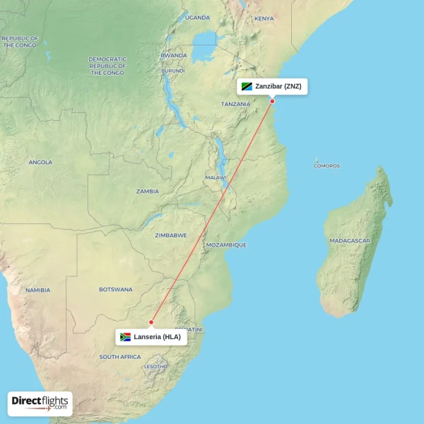 Zanzibar - Lanseria direct flight map