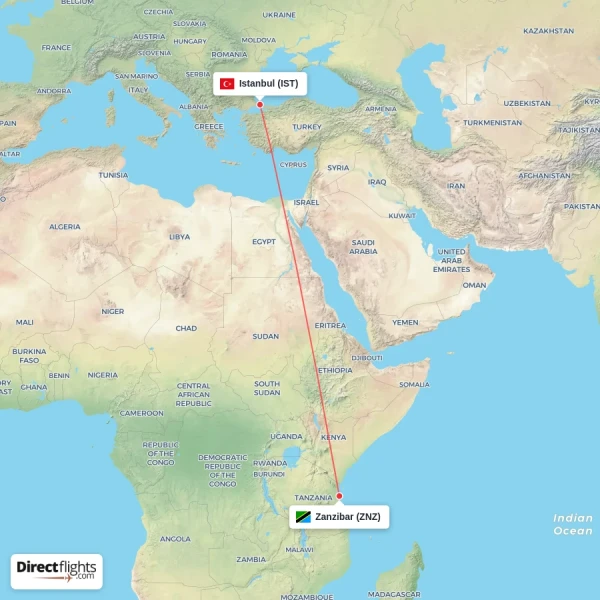 Zanzibar - Istanbul direct flight map