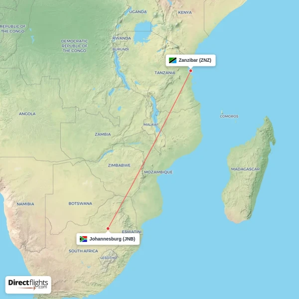 Zanzibar - Johannesburg direct flight map