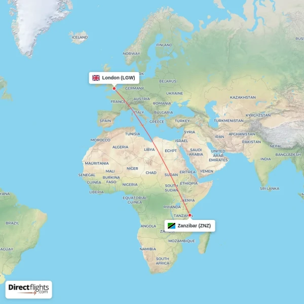 Zanzibar - London direct flight map