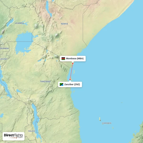 Zanzibar - Mombasa direct flight map