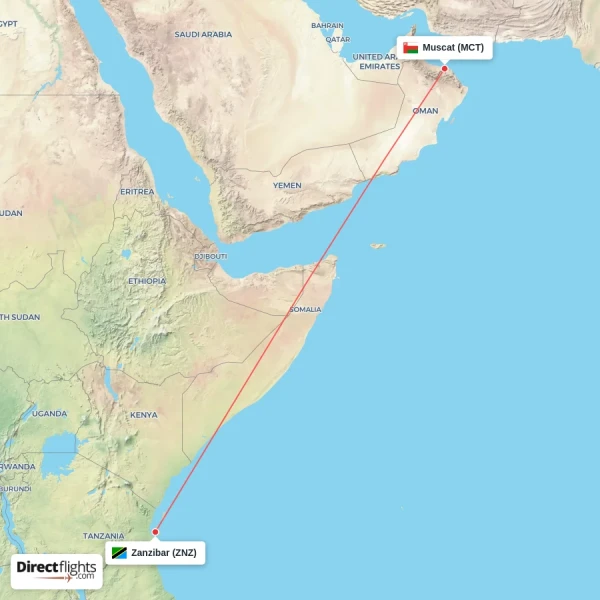 Zanzibar - Muscat direct flight map
