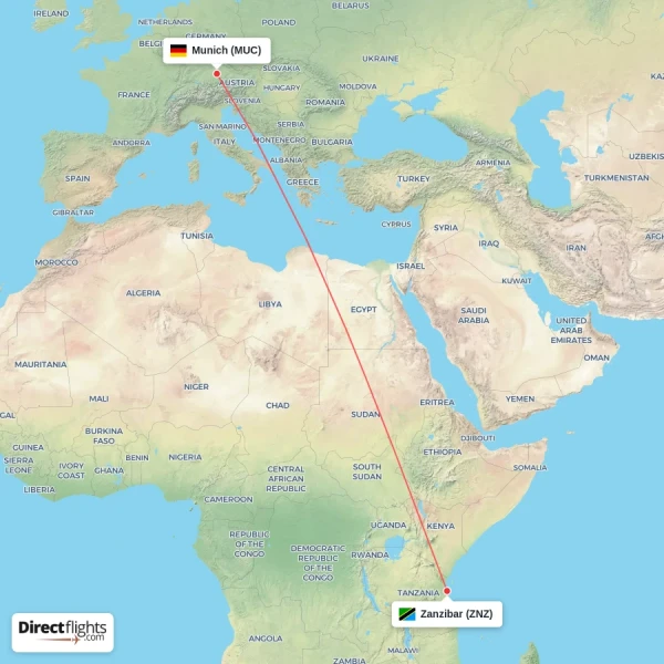 Zanzibar - Munich direct flight map
