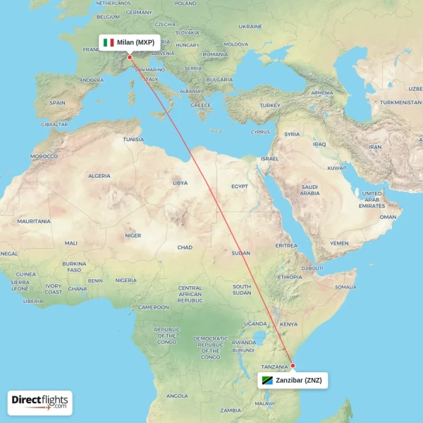 Zanzibar - Milan direct flight map