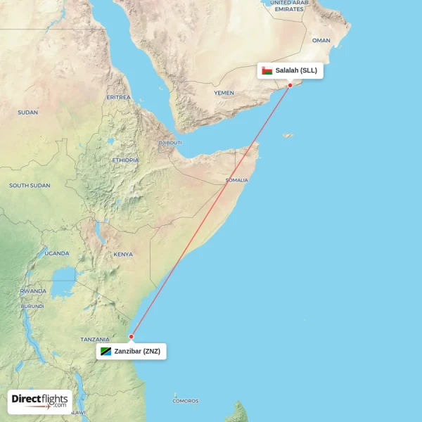 Zanzibar - Salalah direct flight map