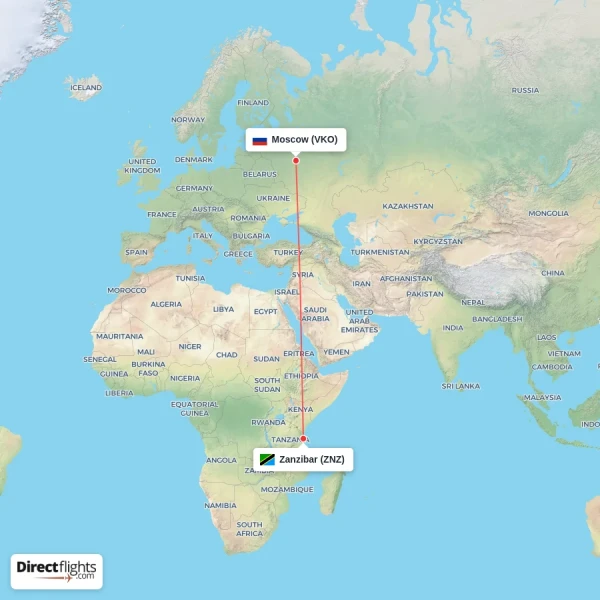 Zanzibar - Moscow direct flight map