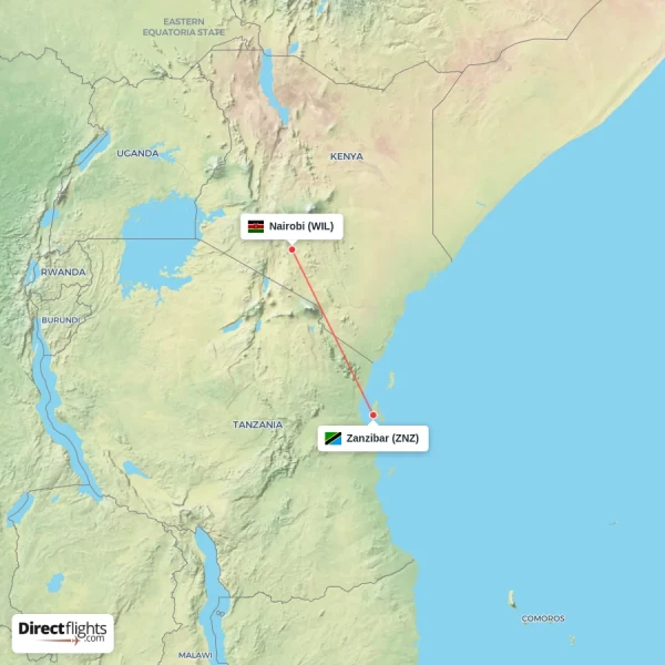 Zanzibar - Nairobi direct flight map