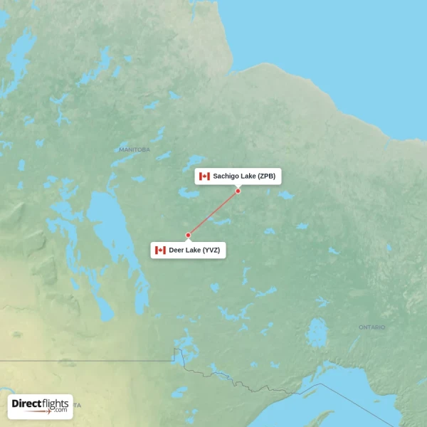 Sachigo Lake - Deer Lake direct flight map